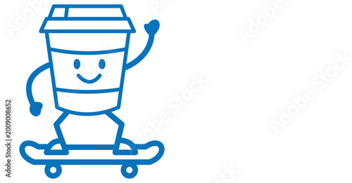 Cute happy paper coffee cup mascot character riding skateboard and waving greeting blue line art vector graphic illustration.