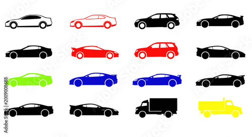 Photos Collection of Colorful Car Silhouettes and Truck Icons on White Background