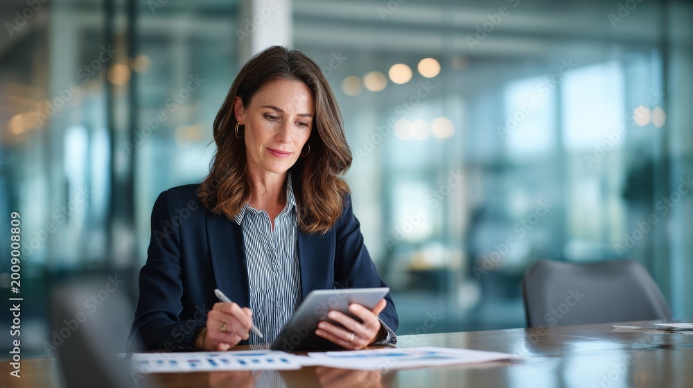 Fototapeta premium Senior financial advisor reviews tablet analytics in modern boardroom setting during work hours