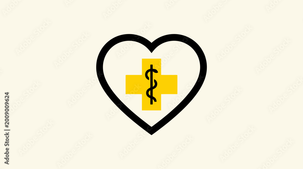 Obraz premium Minimalist black heart outline with a yellow rectangle on a cream background, vector art