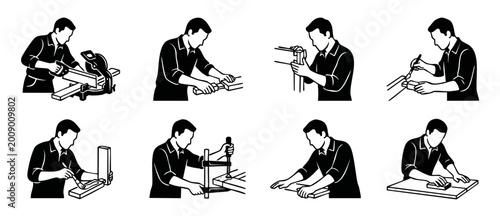 Obraz na płótnie Woodworking Carpenter Icons Set, Professional Joiner Crafting Wood Elements, Man
