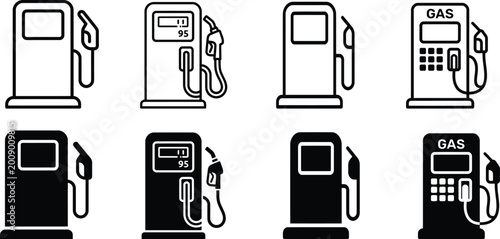 Foto Collection of gas pump icons and silhouettes for fueling and energy with silhoue