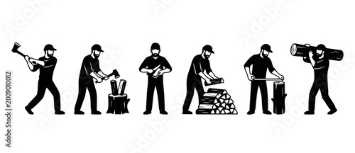 Fotografie Lumberjack wood chopping process icons set, woodcutter working with axe, saw and