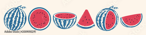 Juicy ripe Watermelon set. Whole, half, sliced berry, triangle slice of watermelon. Summer fruit theme. Hand drawn trendy Vector illustration. Isolated design elements. Poster, print, logo template