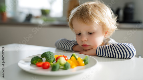 Cute small toddler boy child with blonde hair sad expression look at plate full of fresh raw healthy colorful vegetables like broccoli tomato bell pepper