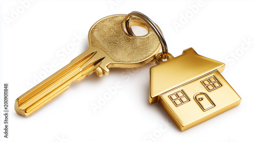 Golden house key on a white background for real estate concepts