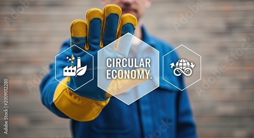 A hand wearing a thick blue and yellow work glove performs a stop gesture in front of a digital circular economy interface against a textured brick wall backdrop.