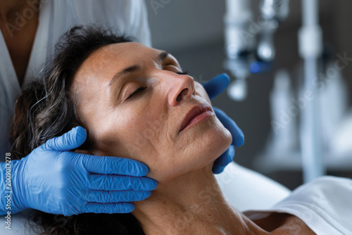 An expert applies a treatment to a woman’s face, highlighting the delicate nature of skincare and the importance of professional care in achieving beauty goals and emotional well-being.