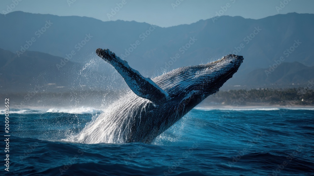 Fototapeta premium Open ocean scene featuring a breaching humpback whale against a clear horizon