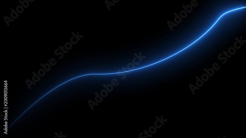 A single glowing electric blue neon line curves dynamically across a completely black background creating a sense of movement and energy with its vibrant luminescence and smooth flowing shape