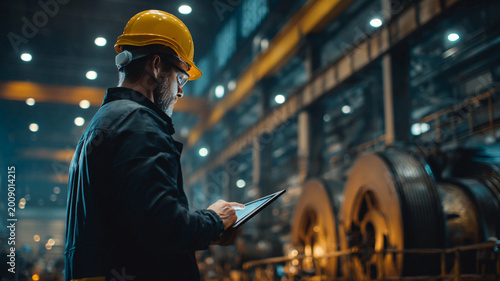 industrial engineer wearing safety helmet inspecting heavy machinery inside modern factory, holding tablet for maintenance check, advanced manufacturing facility