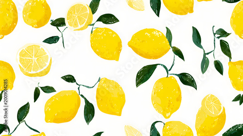 Seamless lemon pattern with watercolor citrus fruits and green leaves on white background