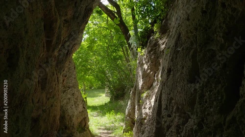 Walking towards the entrance of a limestone cave in a lush green forest, Molise, Italy