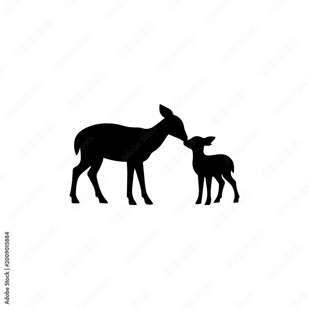 Fototapeta premium Minimalist Doe and Fawn Silhouette - High Contrast Mother and Baby Deer Wildlife Vector Art
