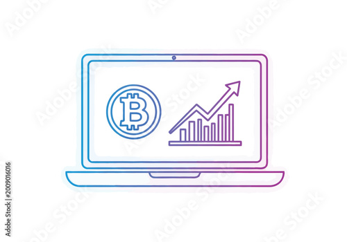 Laptop screen displaying a bitcoin symbol and a rising bar chart graph, representing cryptocurrency growth, trading, and digital finance