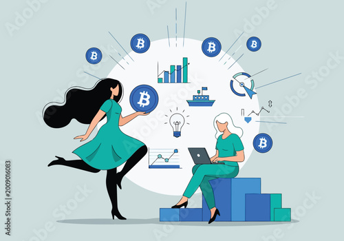 Business women working with cryptocurrency and financial data analysis, flat vector illustration
