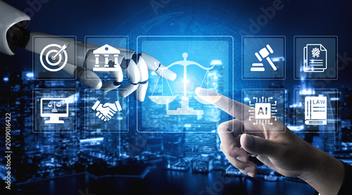 Fotografía This image illustrates the synergy between law and technology, showcasing a human hand and a robotic hand connecting, symbolizing the future of legal frameworks and AI-driven solutions
