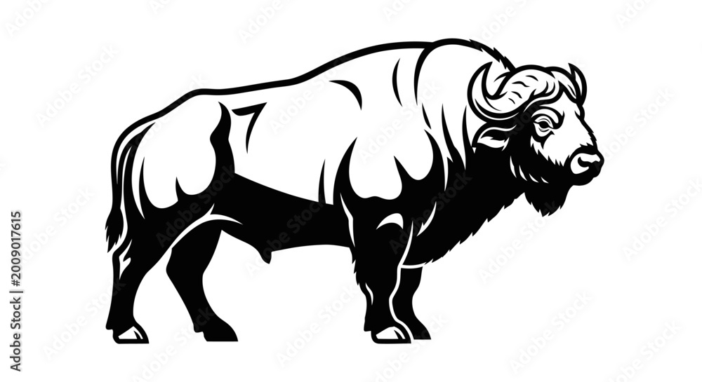Obraz premium Bold monochrome illustration of a bison animal on isolated white background