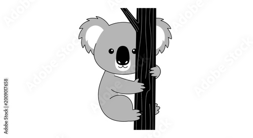 Fotografía Cartoon koala bear clinging to tree trunk against white background