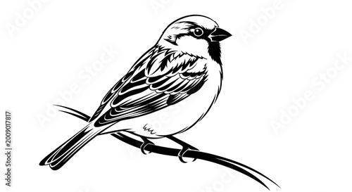 Detailed black and white illustration of a sparrow perched on a branch