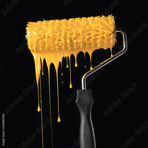  Paint Roller with Dripping Yellow Paint with black background.isolated