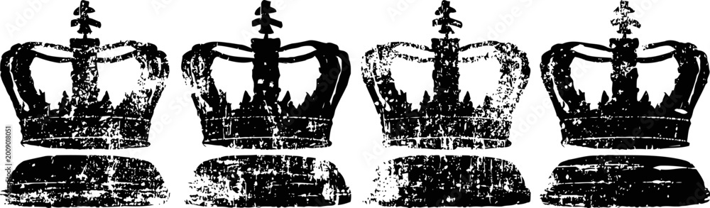 Obraz premium Grunge vintage crown silhouettes set of four black ink stamps, royal heraldic emblem design elements