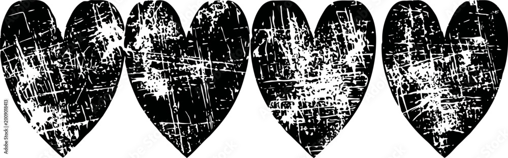 Obraz premium set of four distressed black hearts with grunge texture and vintage worn effect