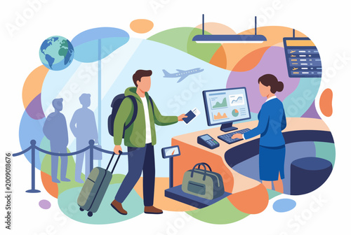 Modern Airport Check-in Service with Passenger and Staff