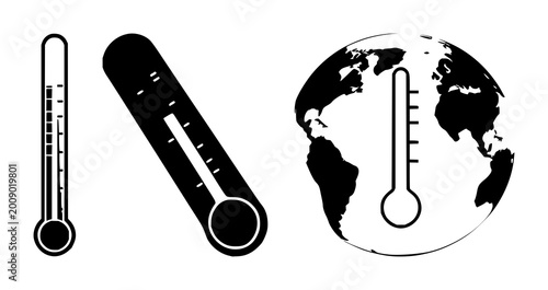 Fotografi Climate change global thermometer icon set with flat black vector design on whit