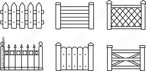 Set of six black and white line fence featuring picket, lattice, metal railing, and wooden panel