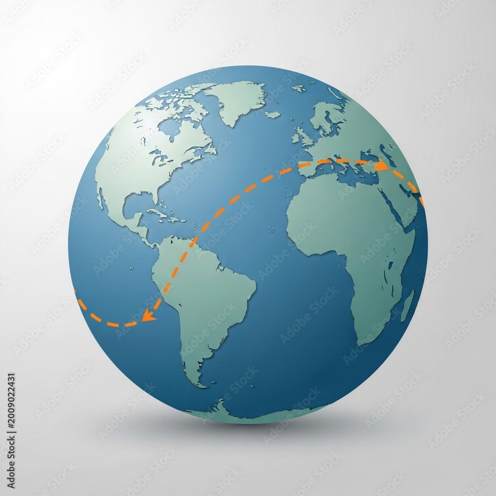 Fototapeta premium Globe with path line showing flight route and geographical features