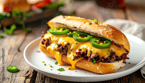 Beef sub sandwich with cheese and sliced jalapeños, rustic wood background. AI