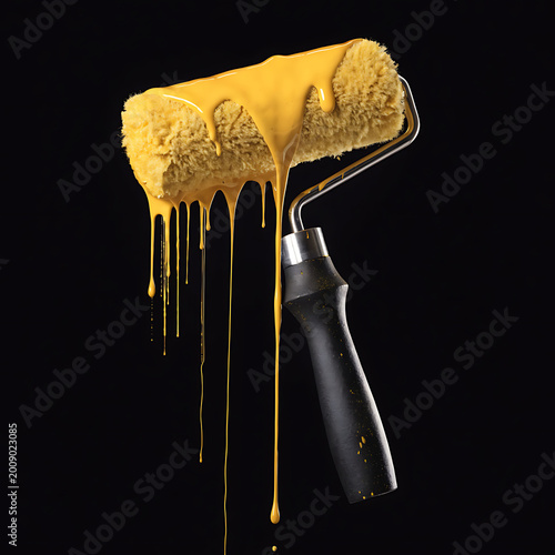  Paint Roller with Dripping Yellow Paint with black background.isolated