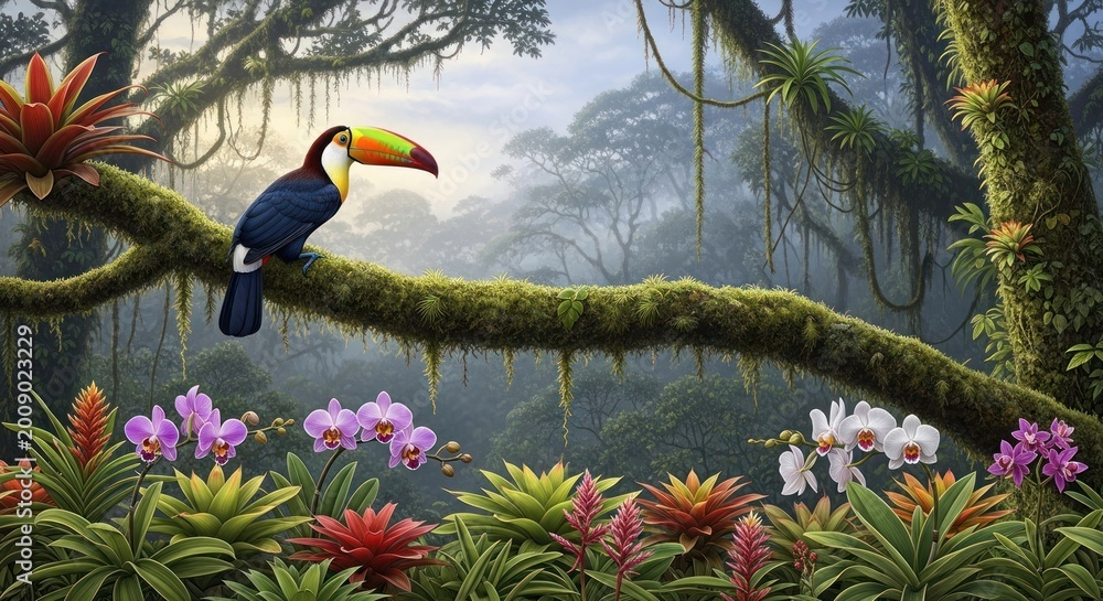 Fototapeta premium A toucan perches on a mossy branch in a misty, lush rainforest with orchids.