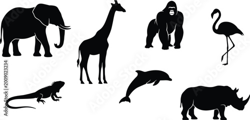Foto Collection of wild animal silhouettes featuring elephant giraffe gorilla flaming