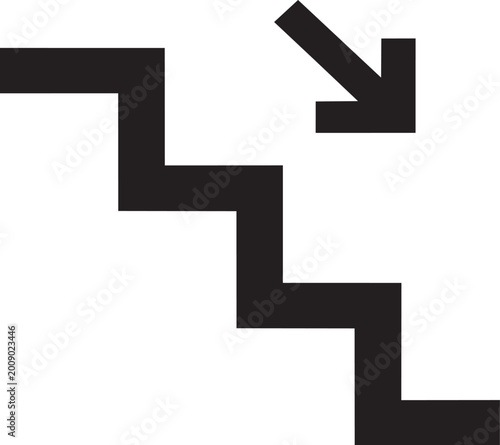 Black stairs icon showing a simple downward direction arrow for building navigation signage