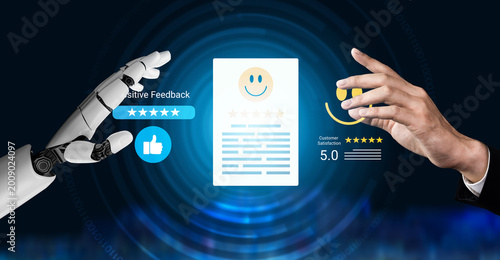 Foto Visual representation of a human and a robot hand engaged in a positive feedback interaction, showcasing customer satisfaction in a modern digital environment