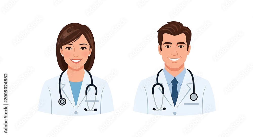 Fototapeta premium Two smiling doctors in white coats with stethoscopes and medical charts woman