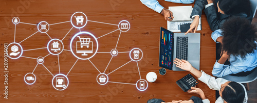 Tableau sur toile Omni-channel marketing and online shopping strategies, cross-platform customer experience, brand unification, and integrated marketing communication across digital channels