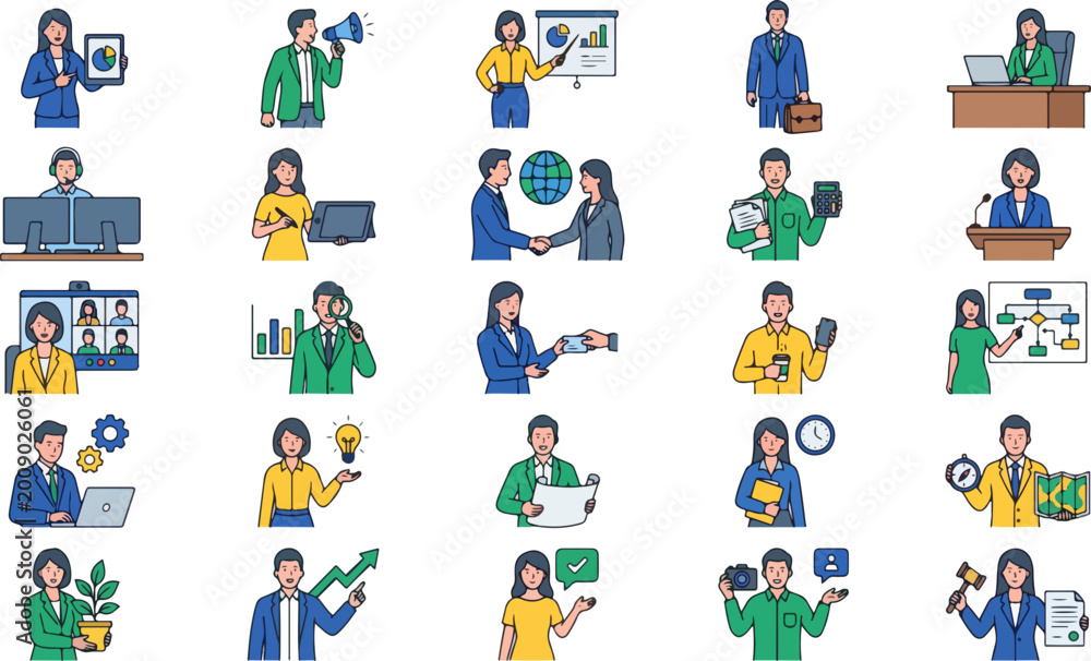 Fototapeta premium Collection of Business Professionals Engaged in Diverse Work Activities and Concepts, Including Meetings, Presentations, and Collaboration, Flat Design Style