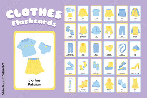 Cute clothes bilingual flashcard vector set. Printable clothes and attire flashcard for kids. English Indonesian language.
