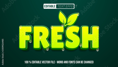 3D FRESH editable text effect with water drops, citrus lime green and yellow typography on dark teal background.