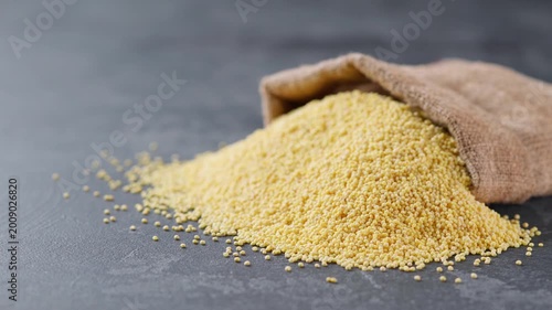 millet grains in sack on a dark kitchen table. organic millet spilled out of the bag a dark kitchen table. organic millet in sack on a black marble background.