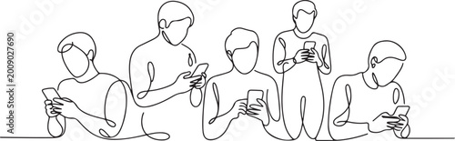 Photos Continuous one line drawing People holding, using mobile phones concept
