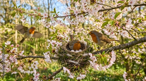 Robins nesting in a blossoming tree with flowers.