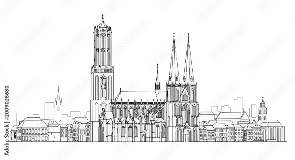 Naklejka premium Gothic cathedral spire, towers, and surrounding buildings form a detailed cityscape