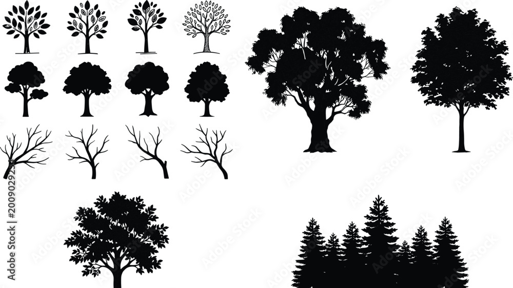 Fototapeta premium Tree silhouette vector set, deciduous oak pine forest icons, bare winter branches, black nature plant graphics, eco environment design collection,