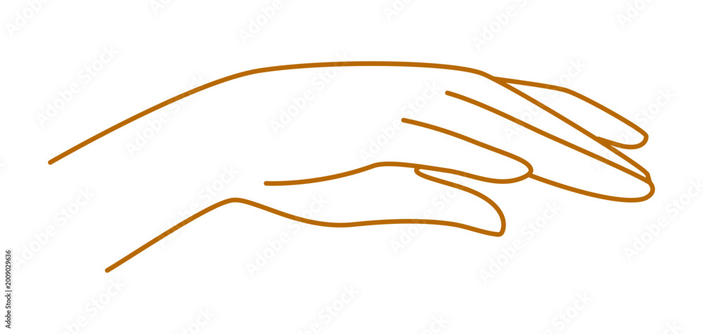Obraz premium Hand gesture image. Palm points or gives something. Line art style isolated human hand.