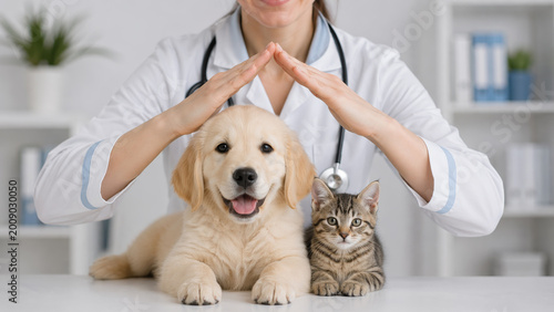 Veterinary care concept with dog and cat under protective hands in clinic, animal insurance and wellness.