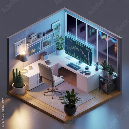 Isometric 3D render of a cozy modern home office setup with multiple monitors displaying stock market trading charts and data analysis